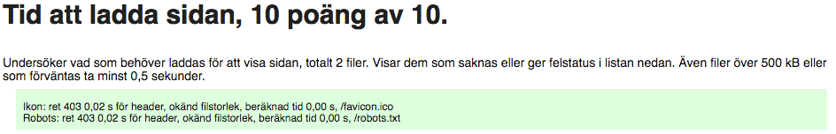 Här visar SEO-testet poängen för hastigehten på sidan